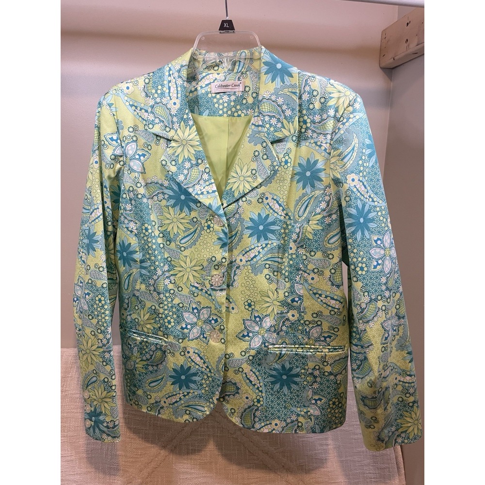 Coldwater Creek Lime Green & Blue Paisley Blazer Jacket Lined Women's Size Large